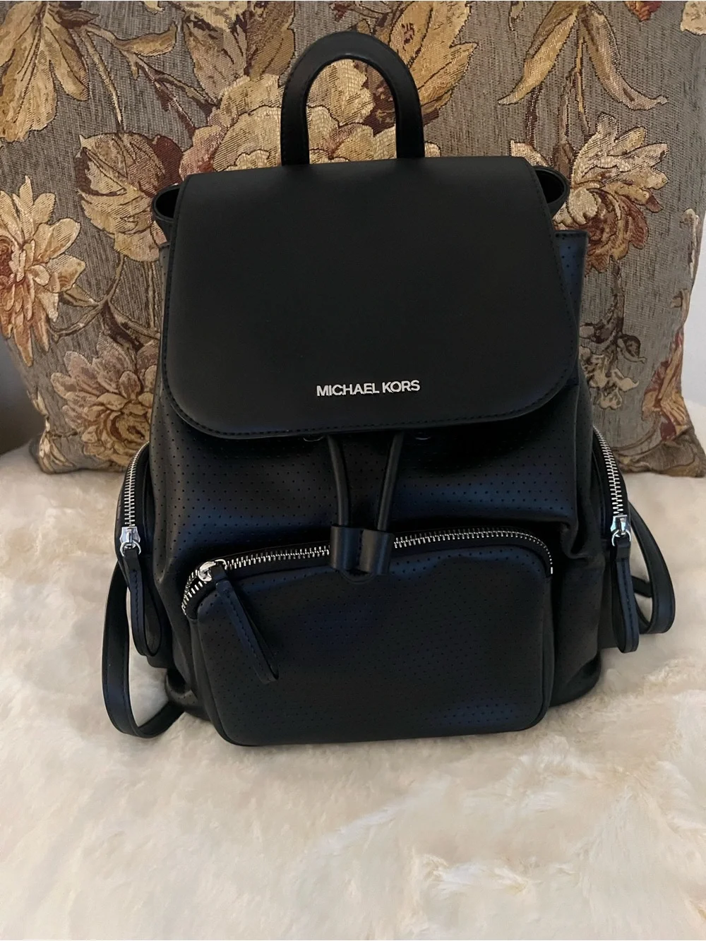MICHAEL KORS Black Perforated Leather Drawstring Backpack